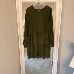 Halogen Olive Green Pleated Long-Sleeve Dress